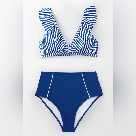 CUPSHE Blue Striped Ruffles High Waisted Bikini, Blue, Size Medi… - Picture 5 of 5